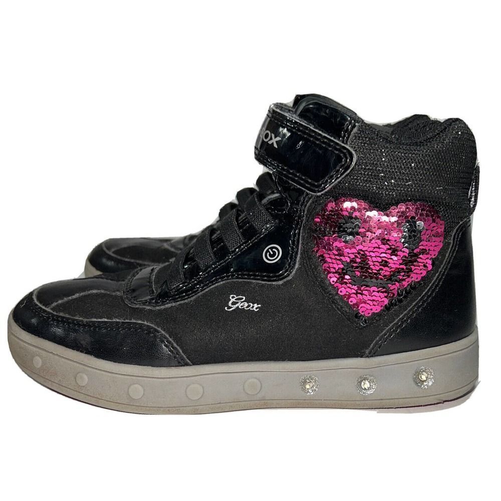 Geox JR Skylin Girl Sequin Happy Heart Sneakers Size 12